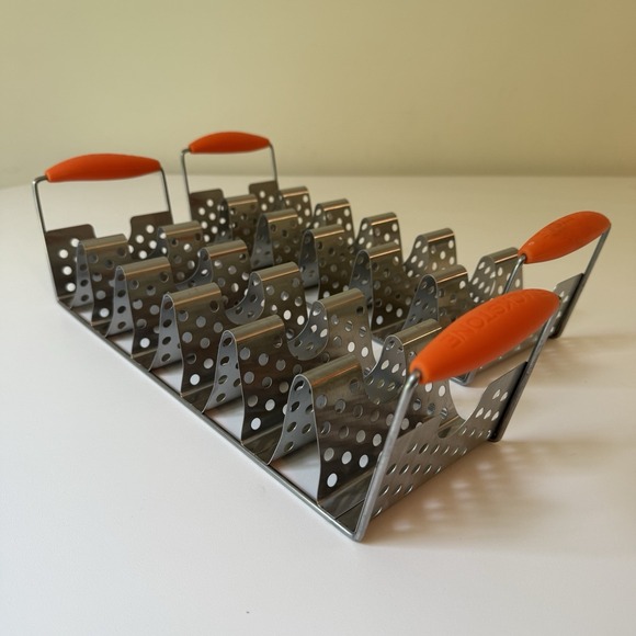 Blackstone Stainless Steel Taco‎ Rack Holder TWO Orange Handles 6 Tacos EUC - Picture 1 of 9